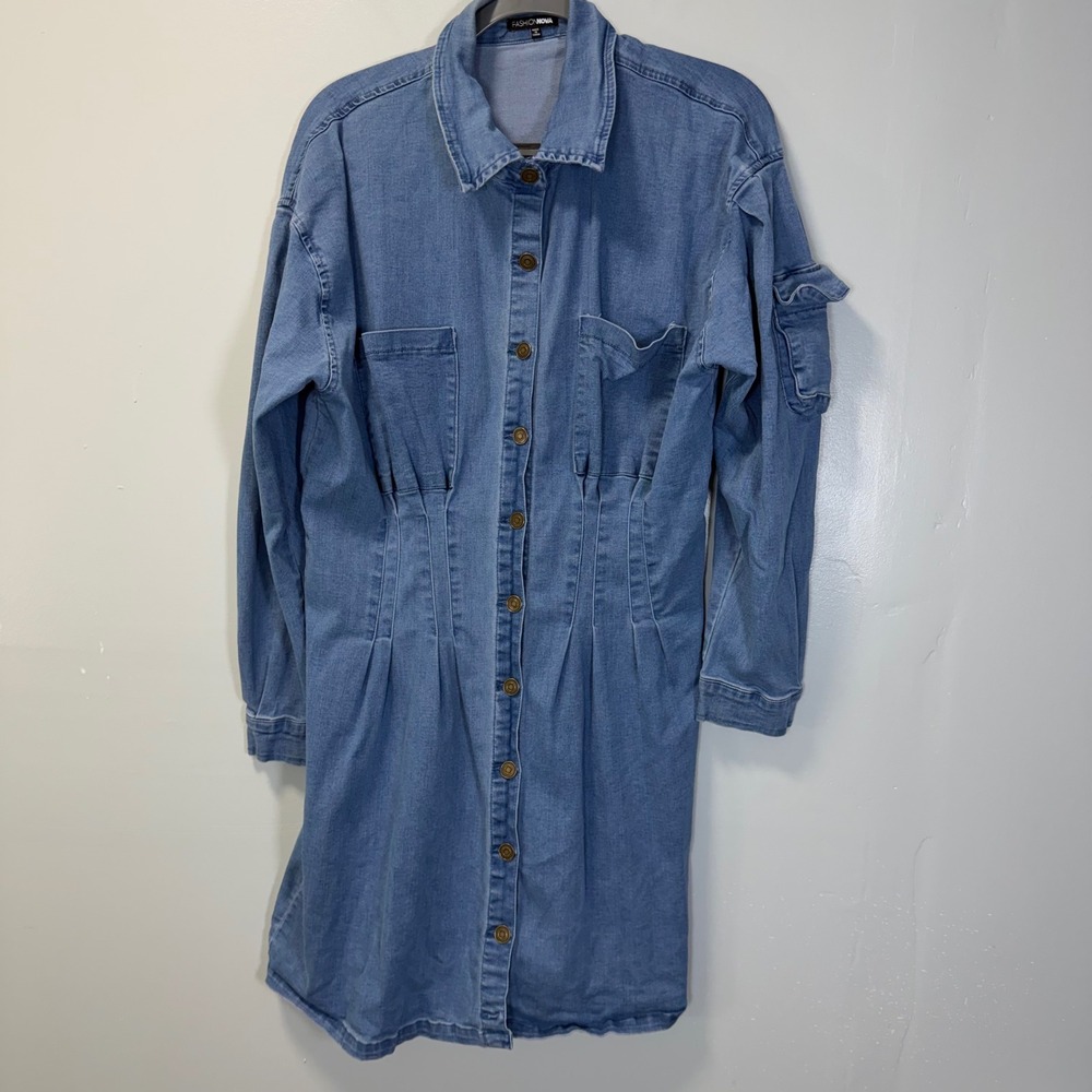 Fashion Nova AM57 Denim Mini Shirt Dress Blue Long Sleeve Plus Size 1X
